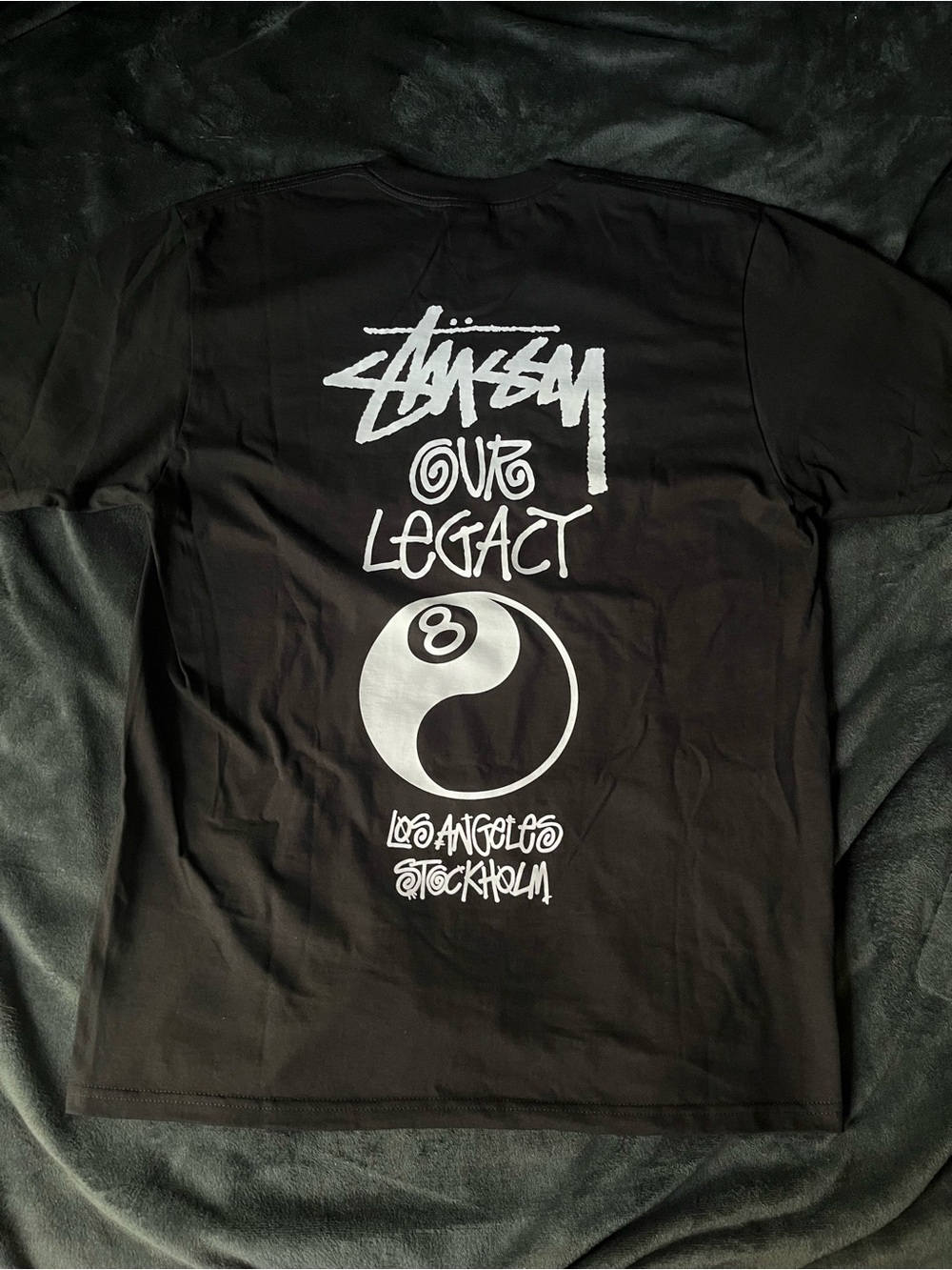 Stussy Black T-Shirt with White Logo & Yin Yang 8-Ball